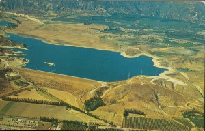 Aerial view of Sepulveda Reservoir, Sylmar, near I-5 (Golden State Fwy). 1961.